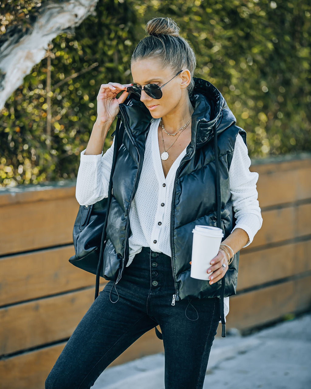 Shelton Pocketed Hooded Faux Leather Puffer Vest