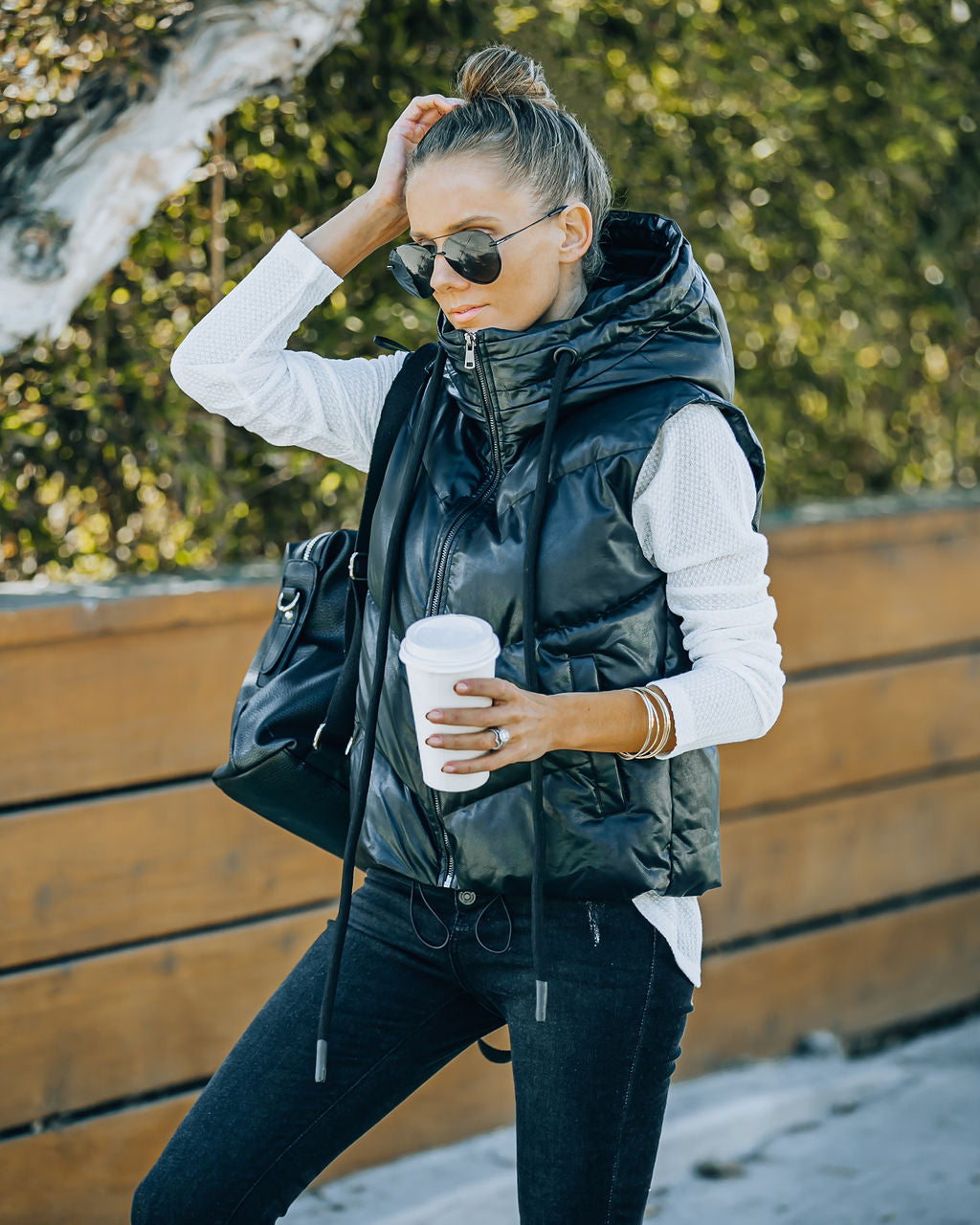 Shelton Pocketed Hooded Faux Leather Puffer Vest
