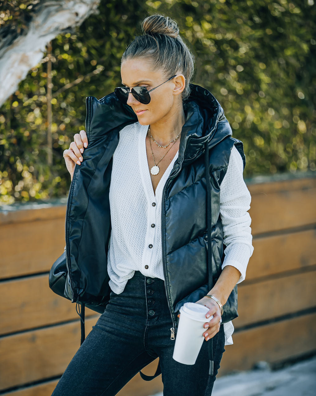 Shelton Pocketed Hooded Faux Leather Puffer Vest