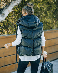 Shelton Pocketed Hooded Faux Leather Puffer Vest Ins Street