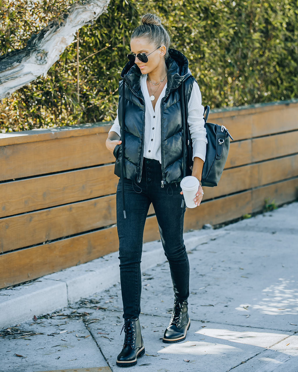 Shelton Pocketed Hooded Faux Leather Puffer Vest