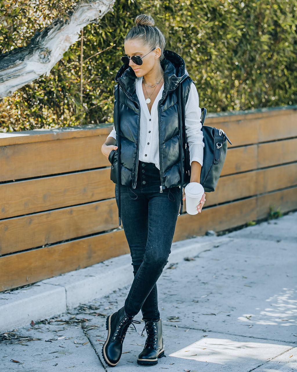 Shelton Pocketed Hooded Faux Leather Puffer Vest