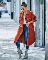 Alayjah Pocketed Longline Fleece Shacket - Rust