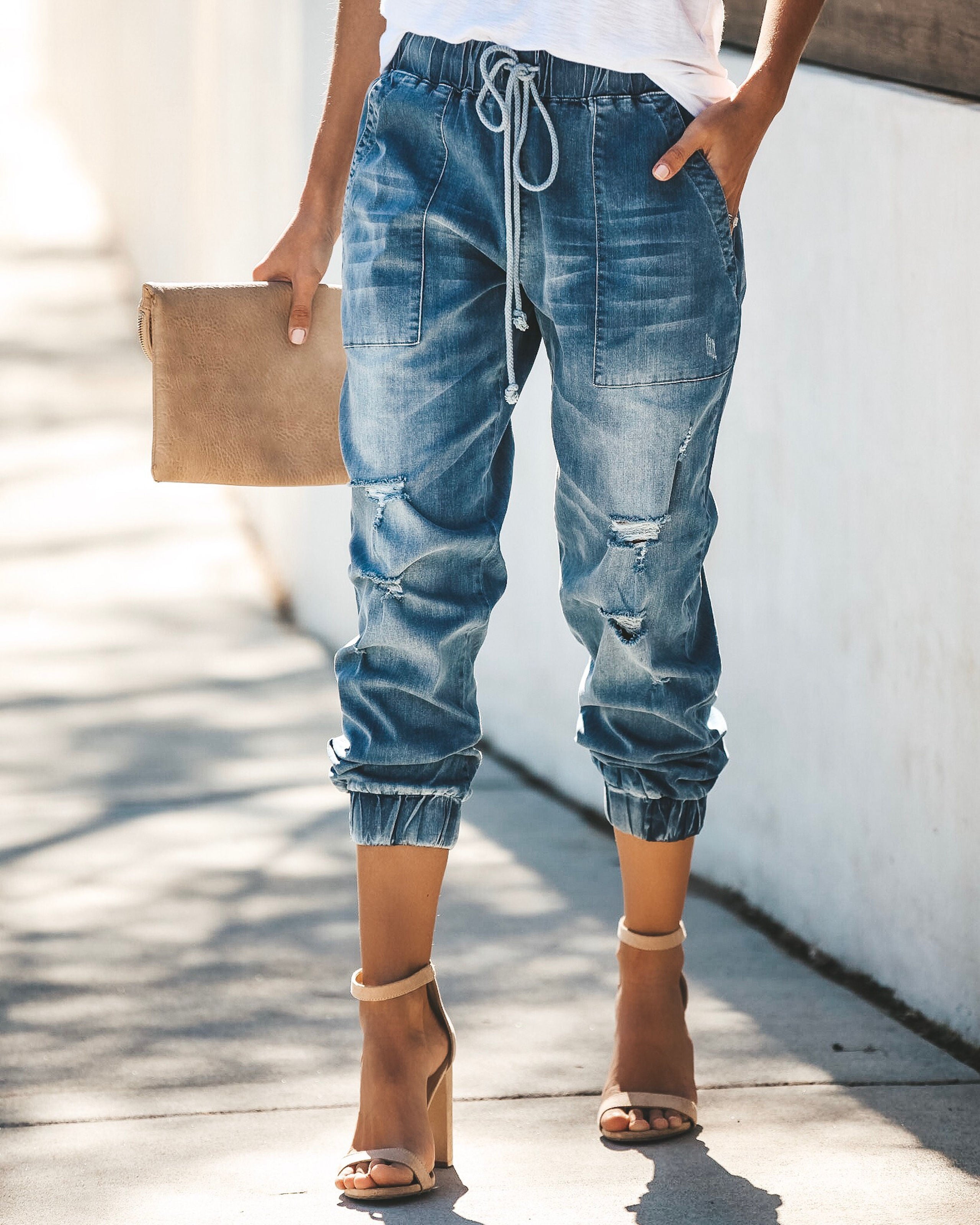 Say Yes To Distress Drawstring Pocketed Joggers