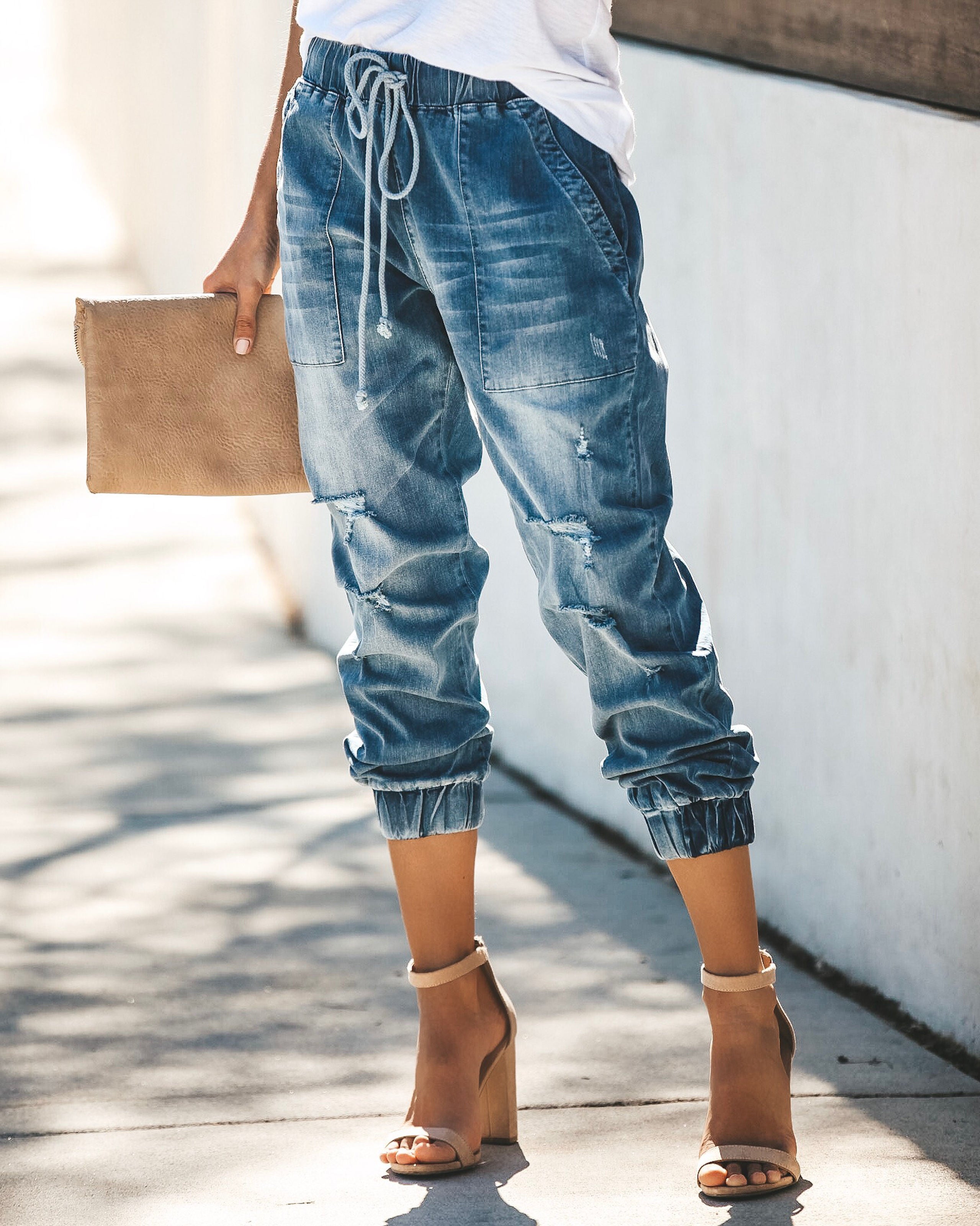 Say Yes To Distress Drawstring Pocketed Joggers