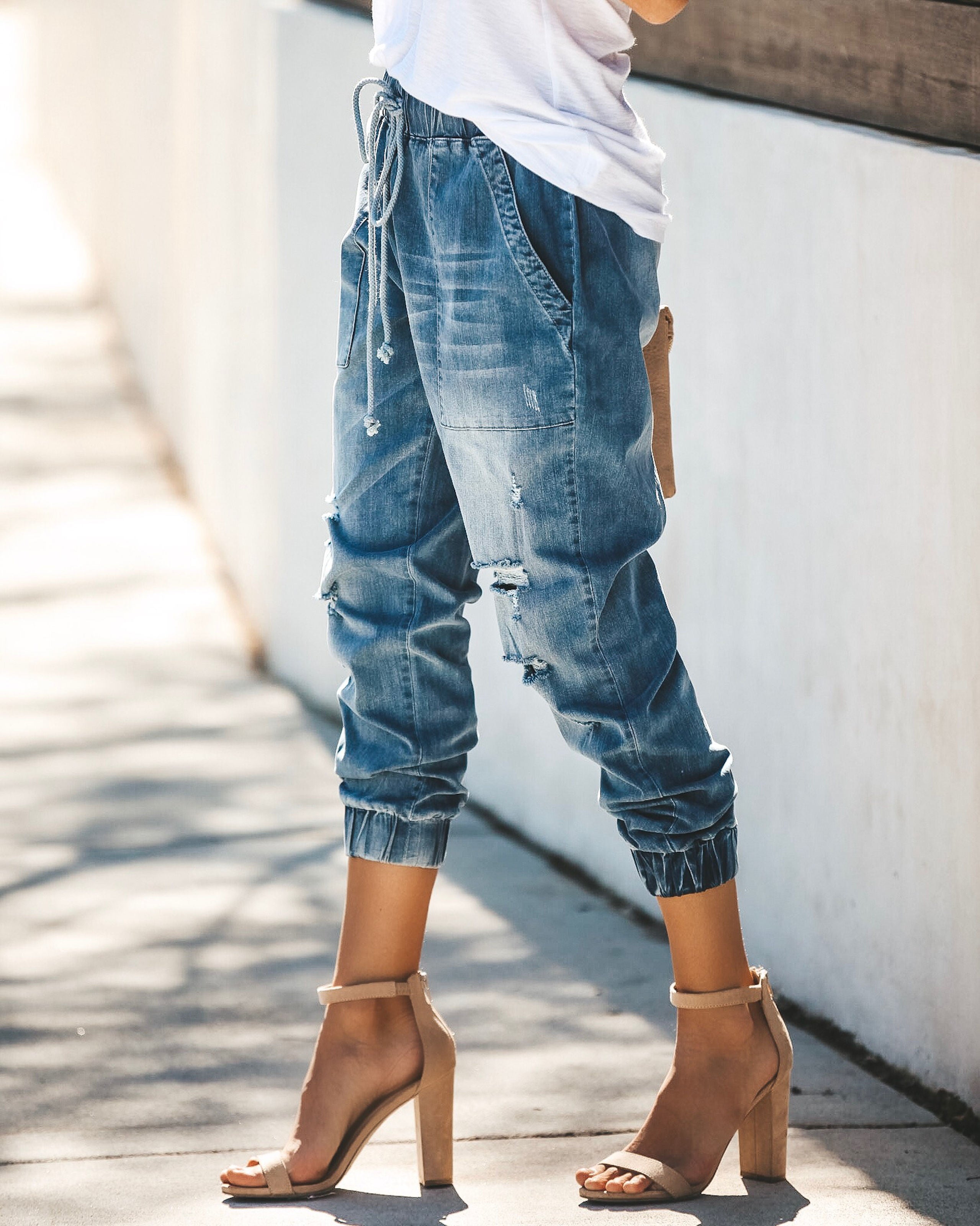 Say Yes To Distress Drawstring Pocketed Joggers
