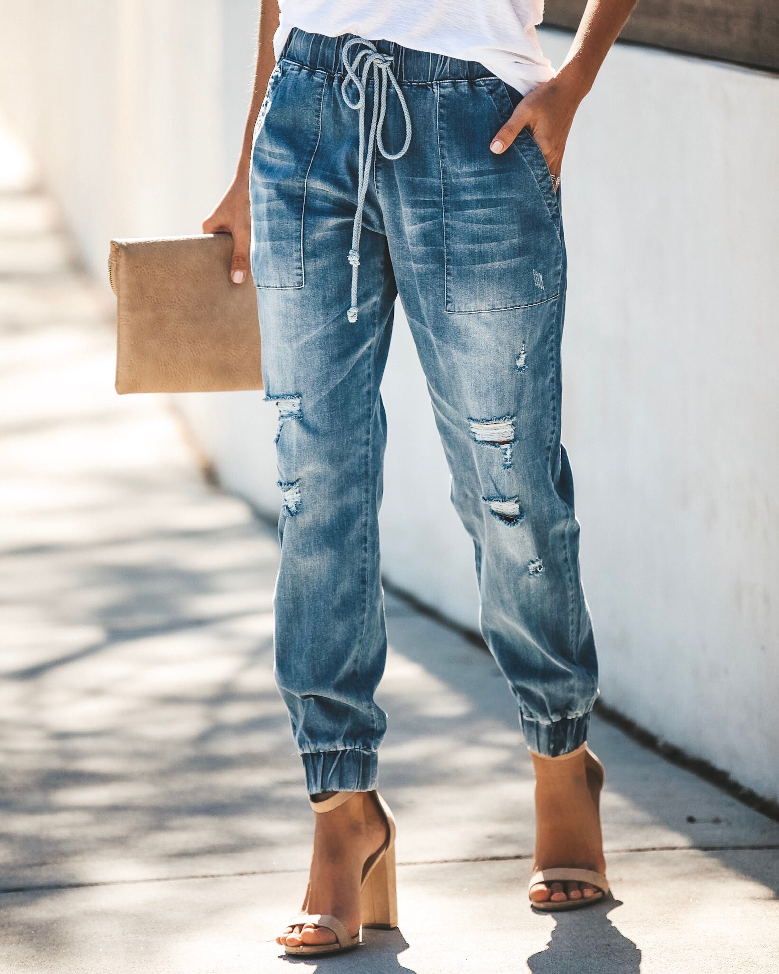 Say Yes To Distress Drawstring Pocketed Joggers