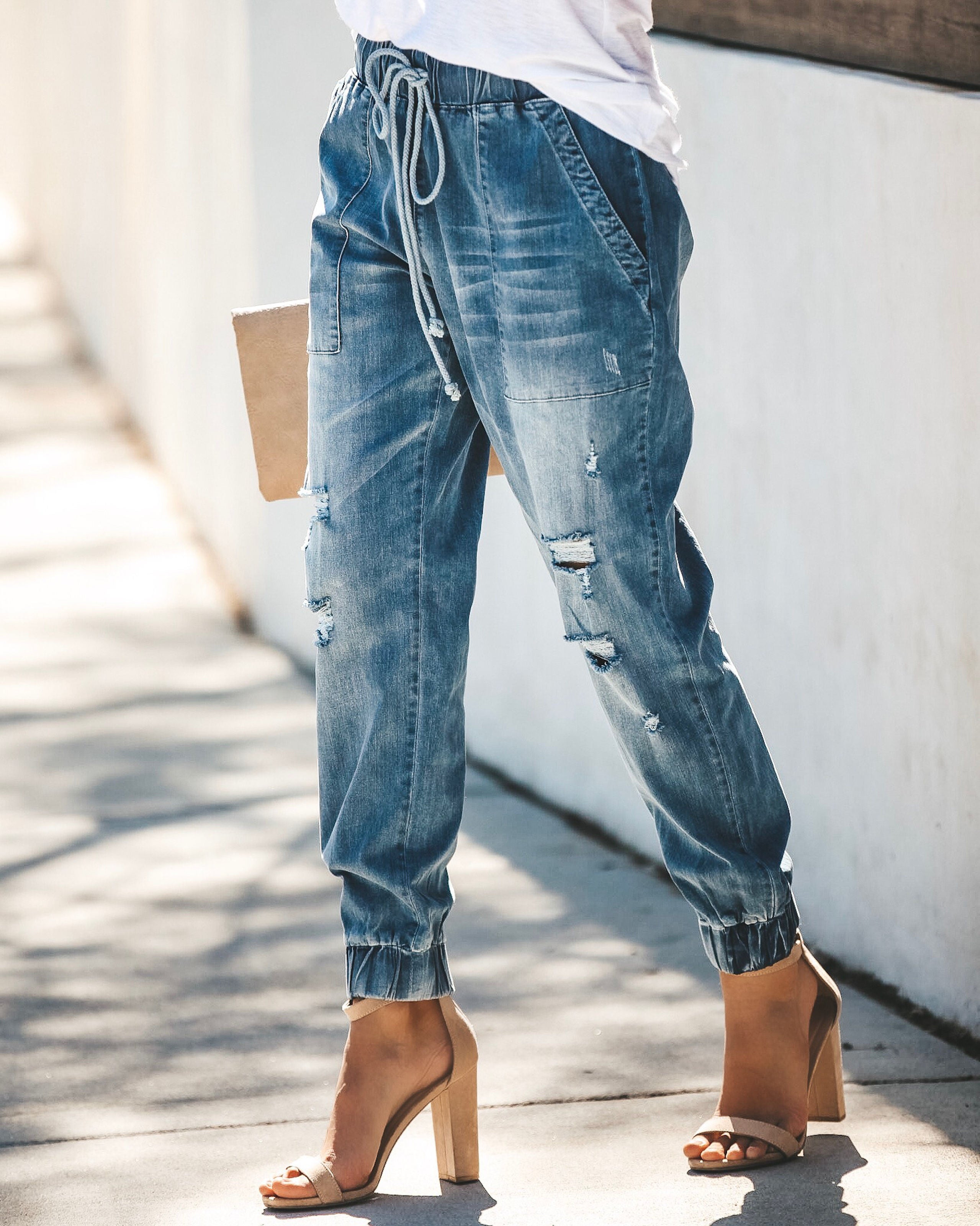 Say Yes To Distress Drawstring Pocketed Joggers