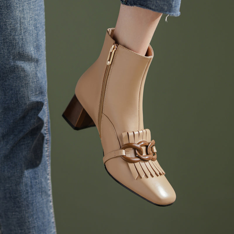 Elena Square Toe Ankle Boots with Chain