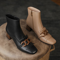 Elena Square Toe Ankle Boots with Chain