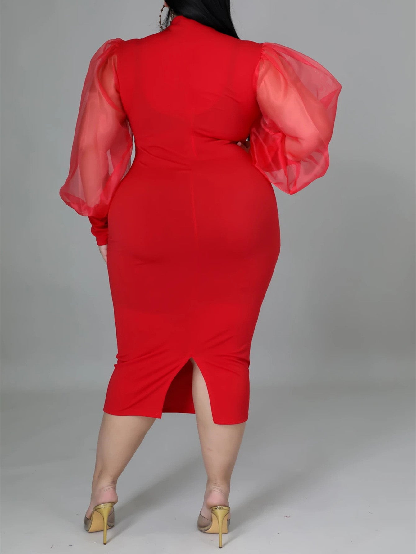Fashion Puff Sleeve Plus Size Party Midi Dress Sai Feel