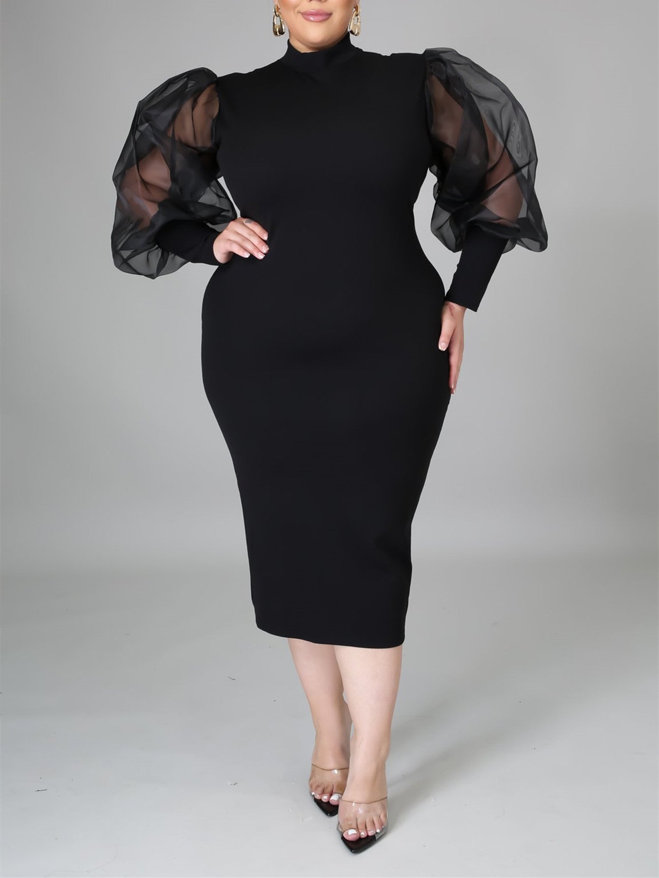 Fashion Puff Sleeve Plus Size Party Midi Dress Sai Feel