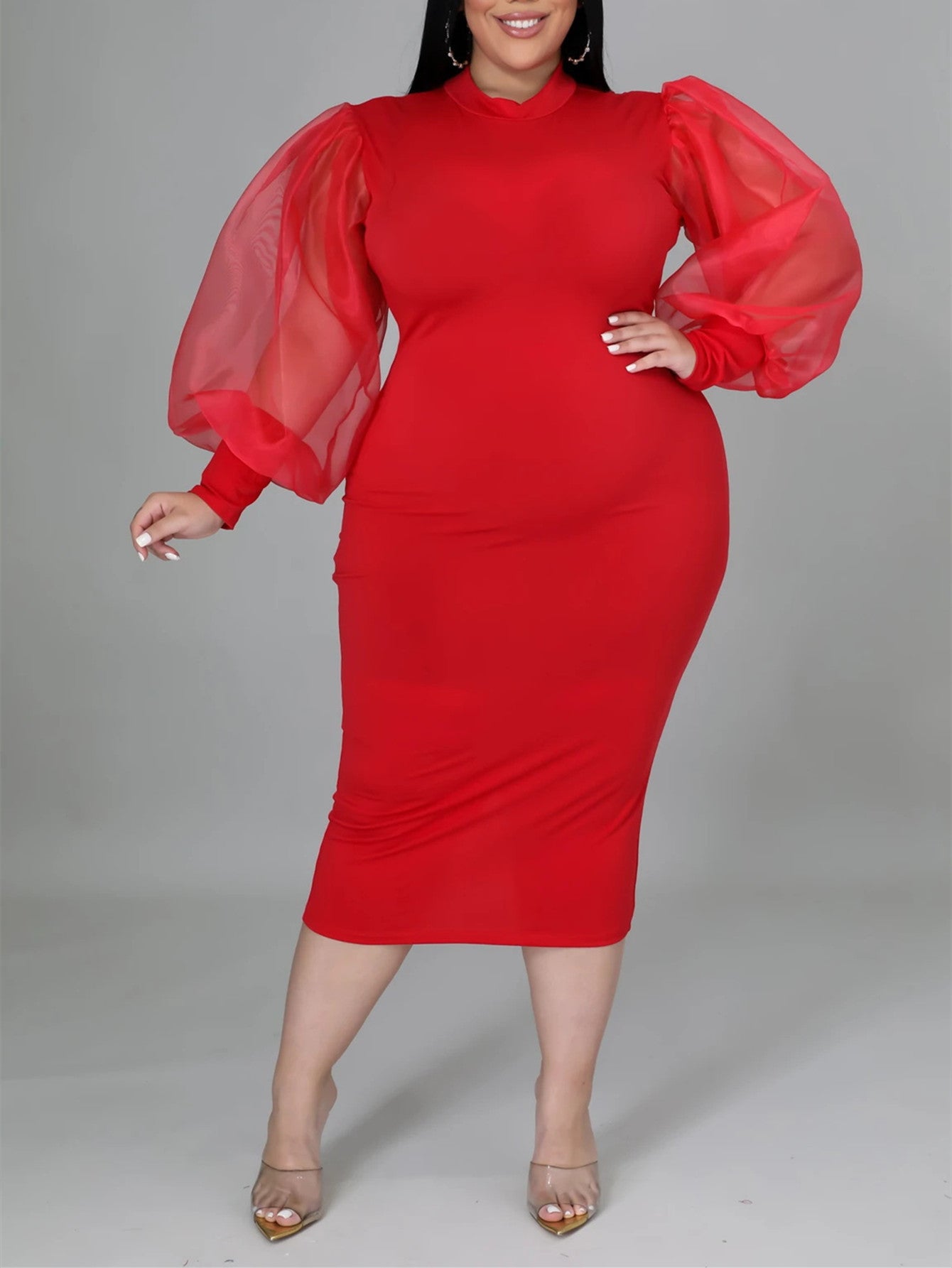 Fashion Puff Sleeve Plus Size Party Midi Dress Sai Feel