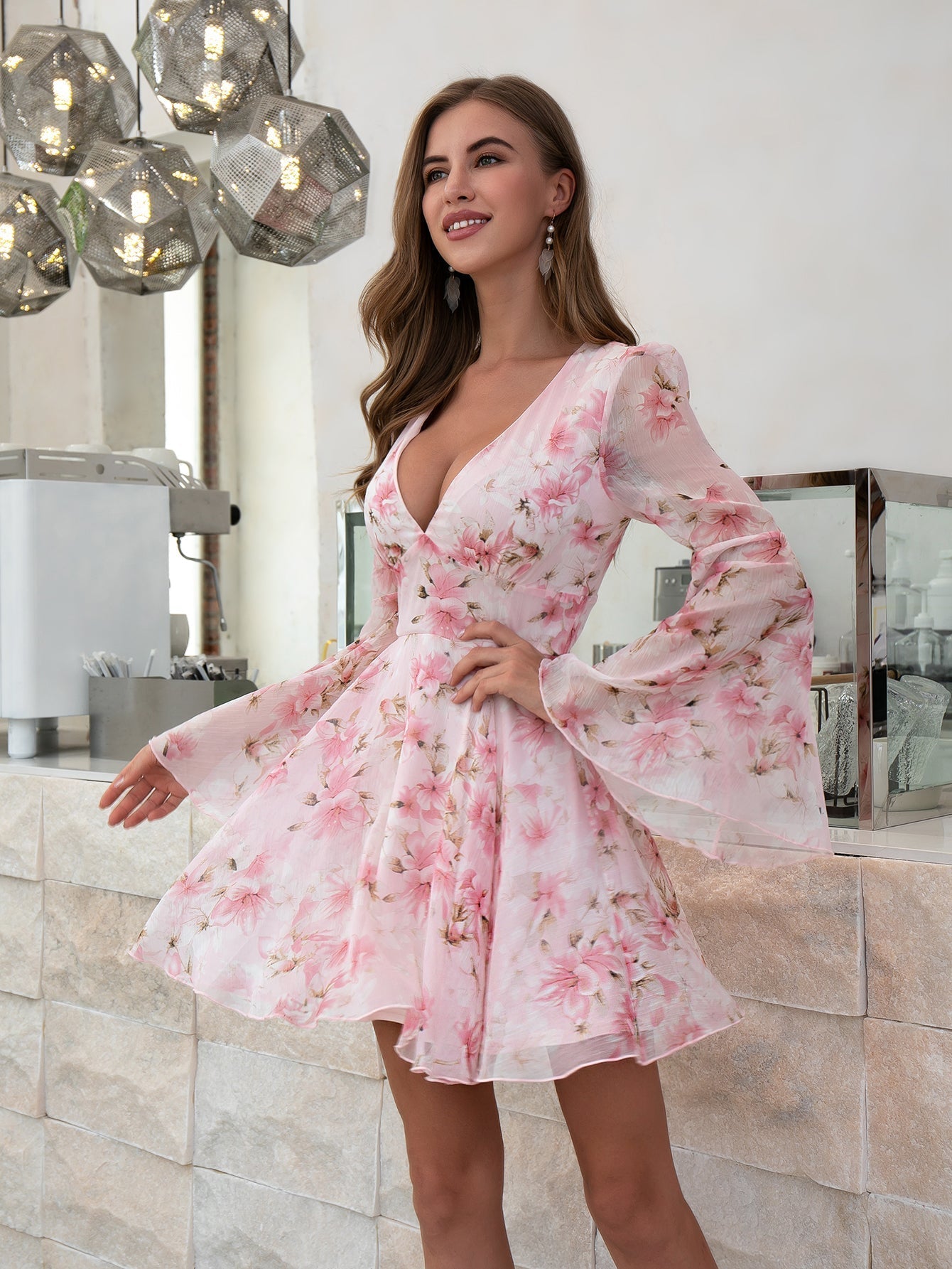 Floral Print Sheer Flare Dress Sai Feel