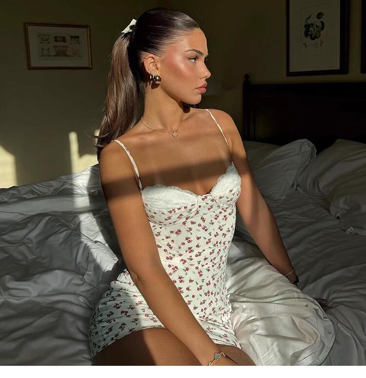 Lace Trim Buttoned Floral Mini Dress