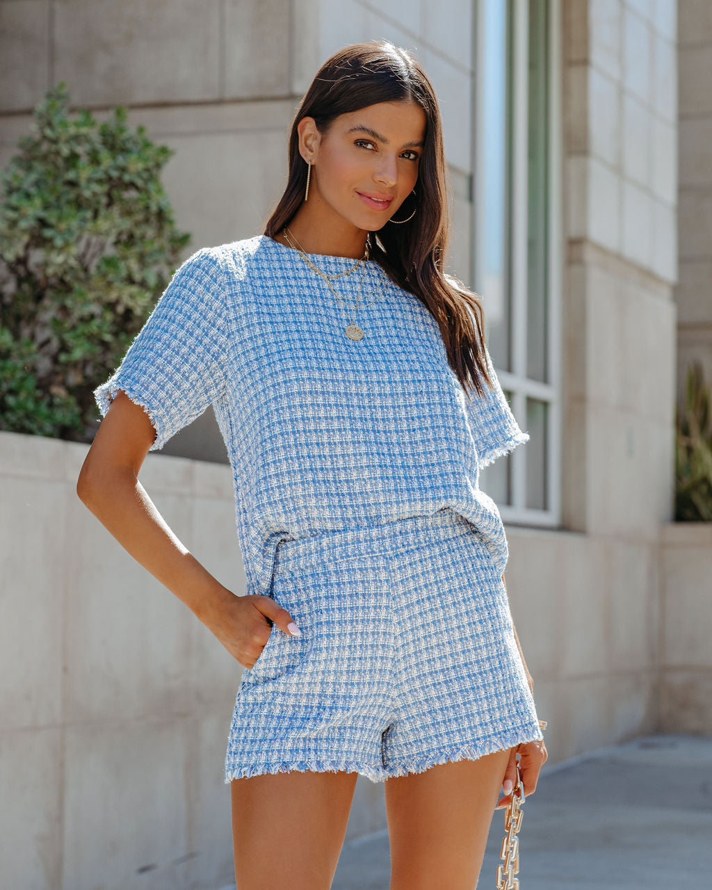 Gracie Pocketed High Rise Frayed Tweed Shorts - Blue