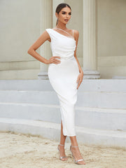 One Shoulder Sleeveless Lace Up Midi Bodycon Dress