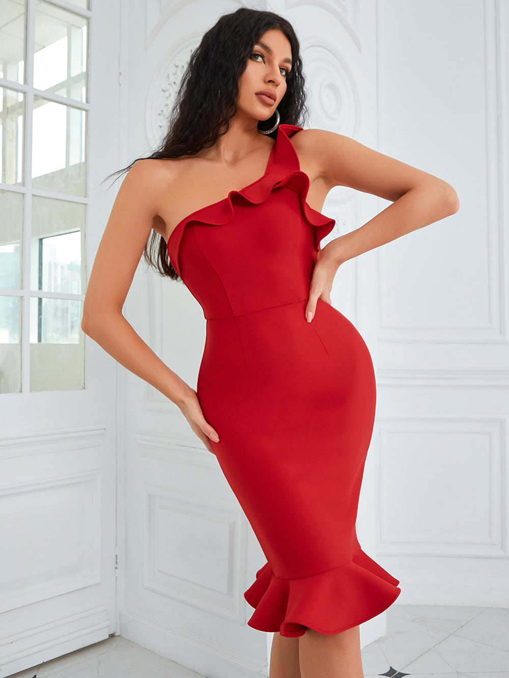 One Shoulder Sleeveless Midi Frill Bandage Dress