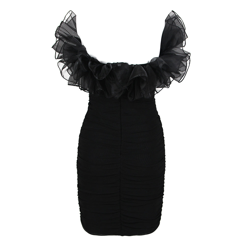 Trägerloses, ärmelloses Mini-Bandage-Kleid mit Rüschen