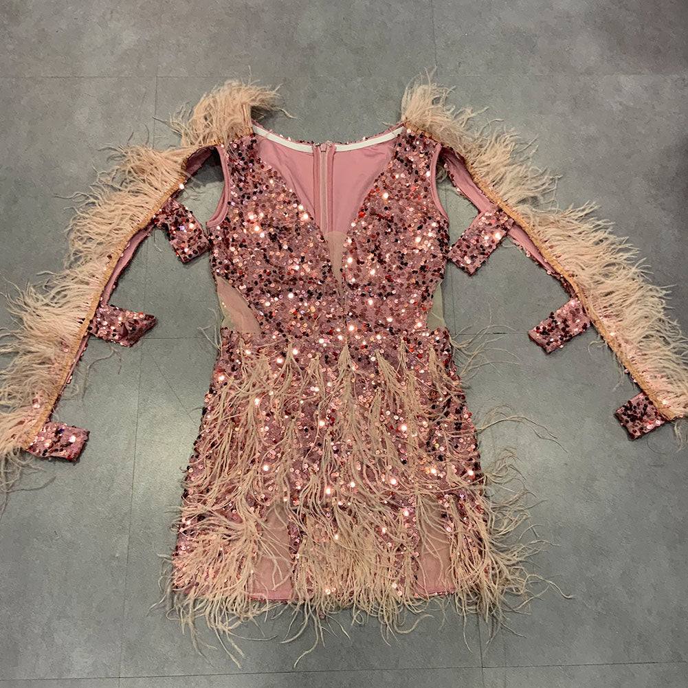 Mini-Bodycon-Kleid mit V-Ausschnitt und langen Ärmeln und Pailletten