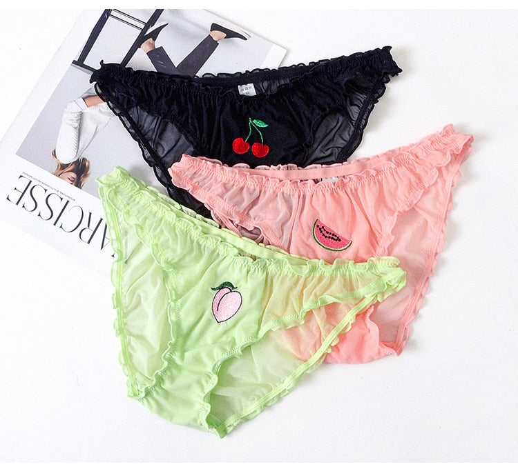 3Pcs/Lot Lace Lingerie Temptation Low-waist Panties Fruit Ins Embroidery Transparent Briefs Seamless Underwear