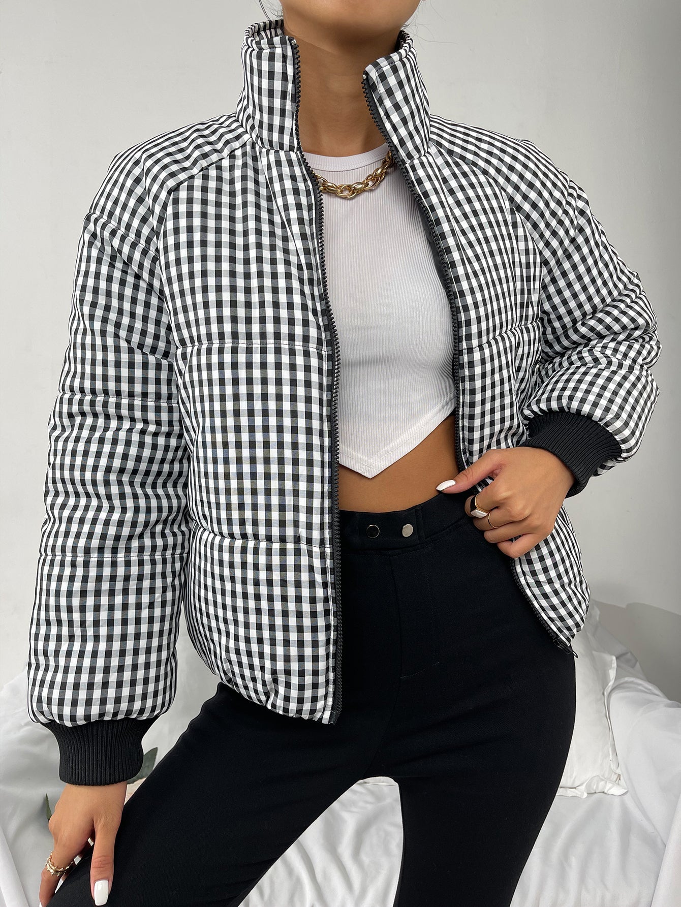 High Neck Gingham Print Zip Up Winter Coat Sai Feel