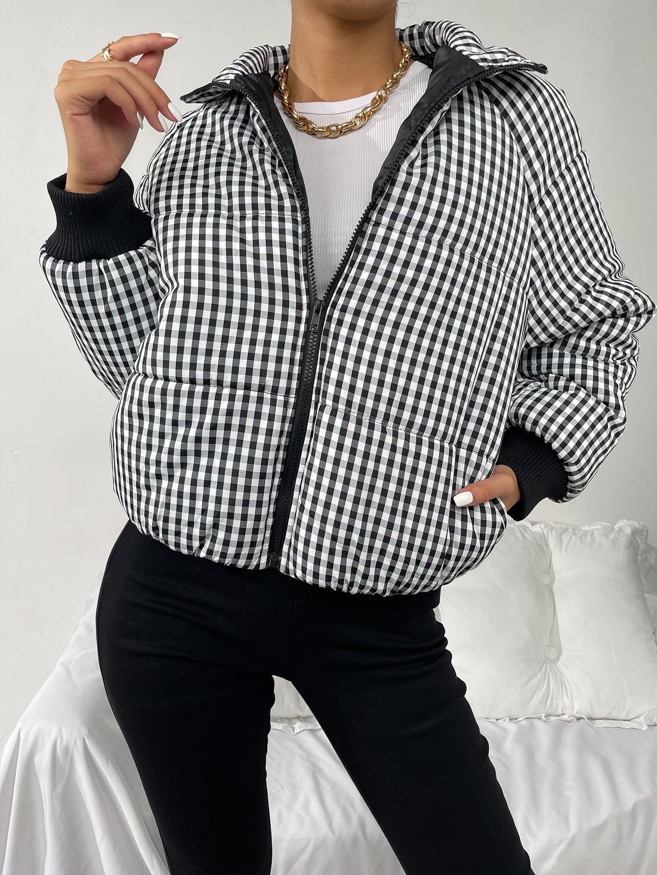 High Neck Gingham Print Zip Up Winter Coat Sai Feel