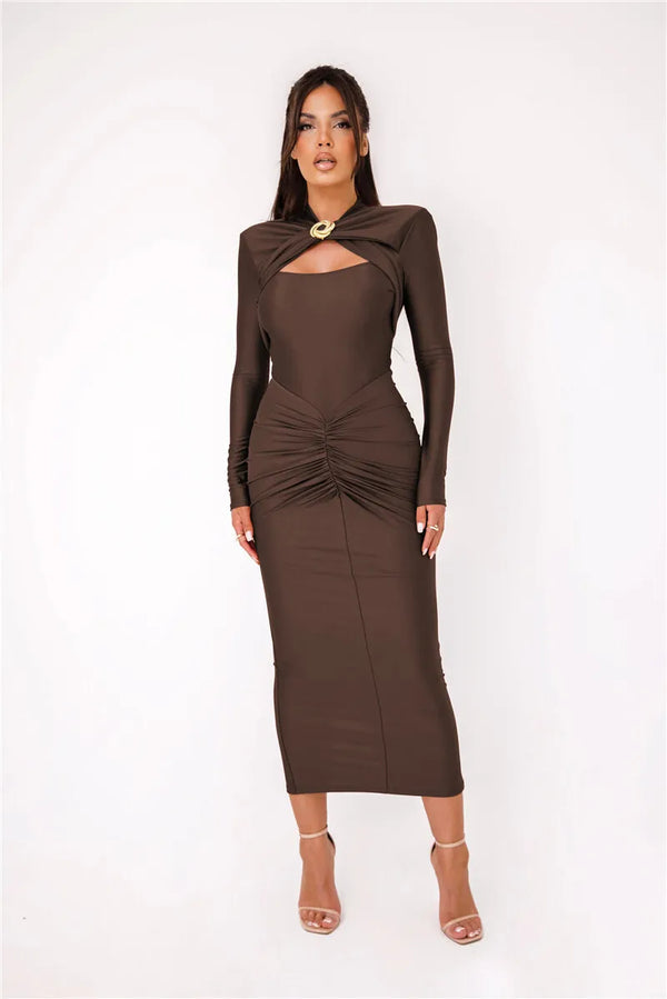 Hollow Out Long Sleeve Metal Buckle Ruched Maxi Dress