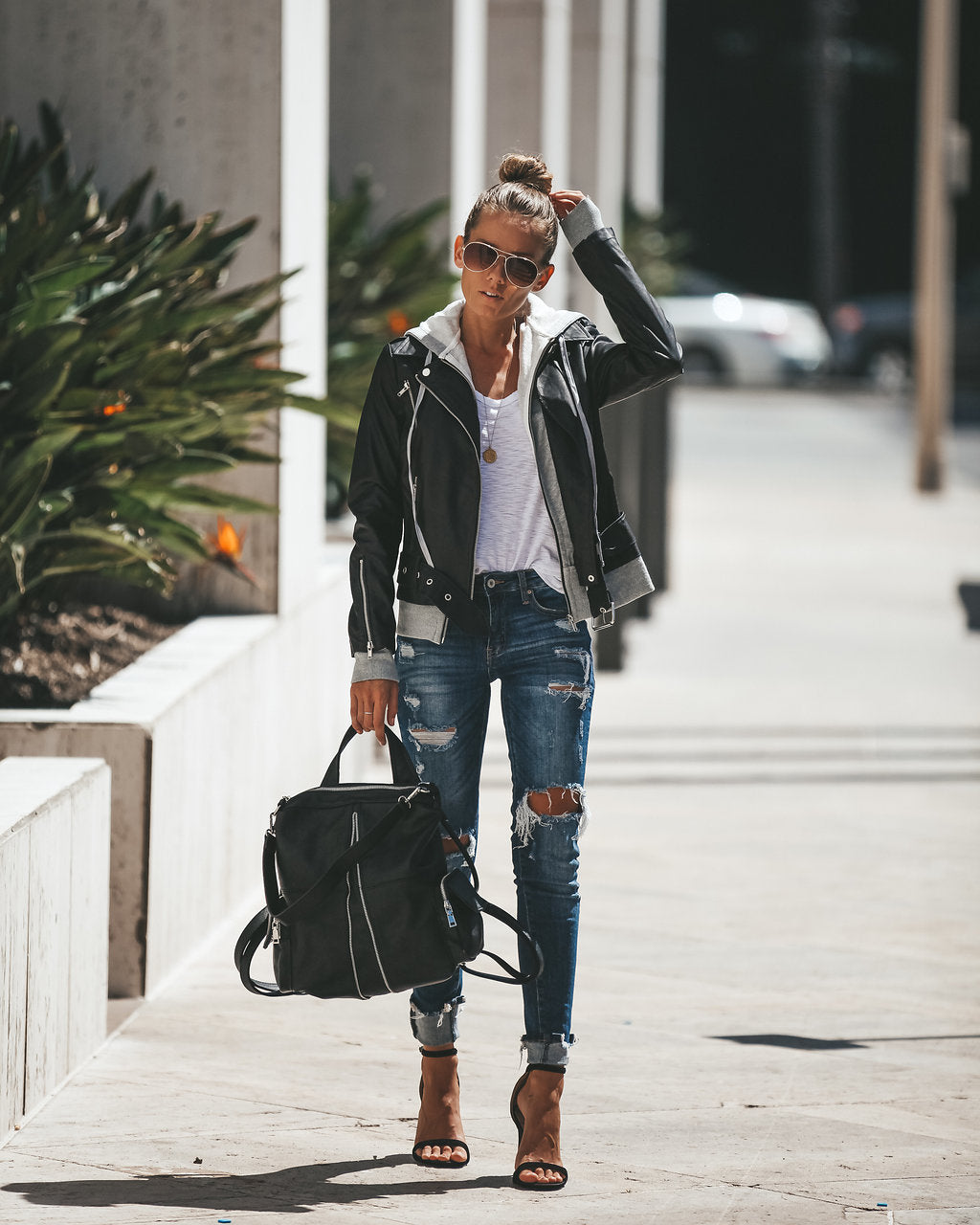 Dylan Hooded Faux Leather Pocketed Bomber Jacket