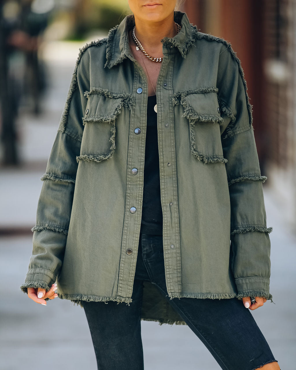Cotton Rock & Roll Frayed Utility Jacket - Olive
