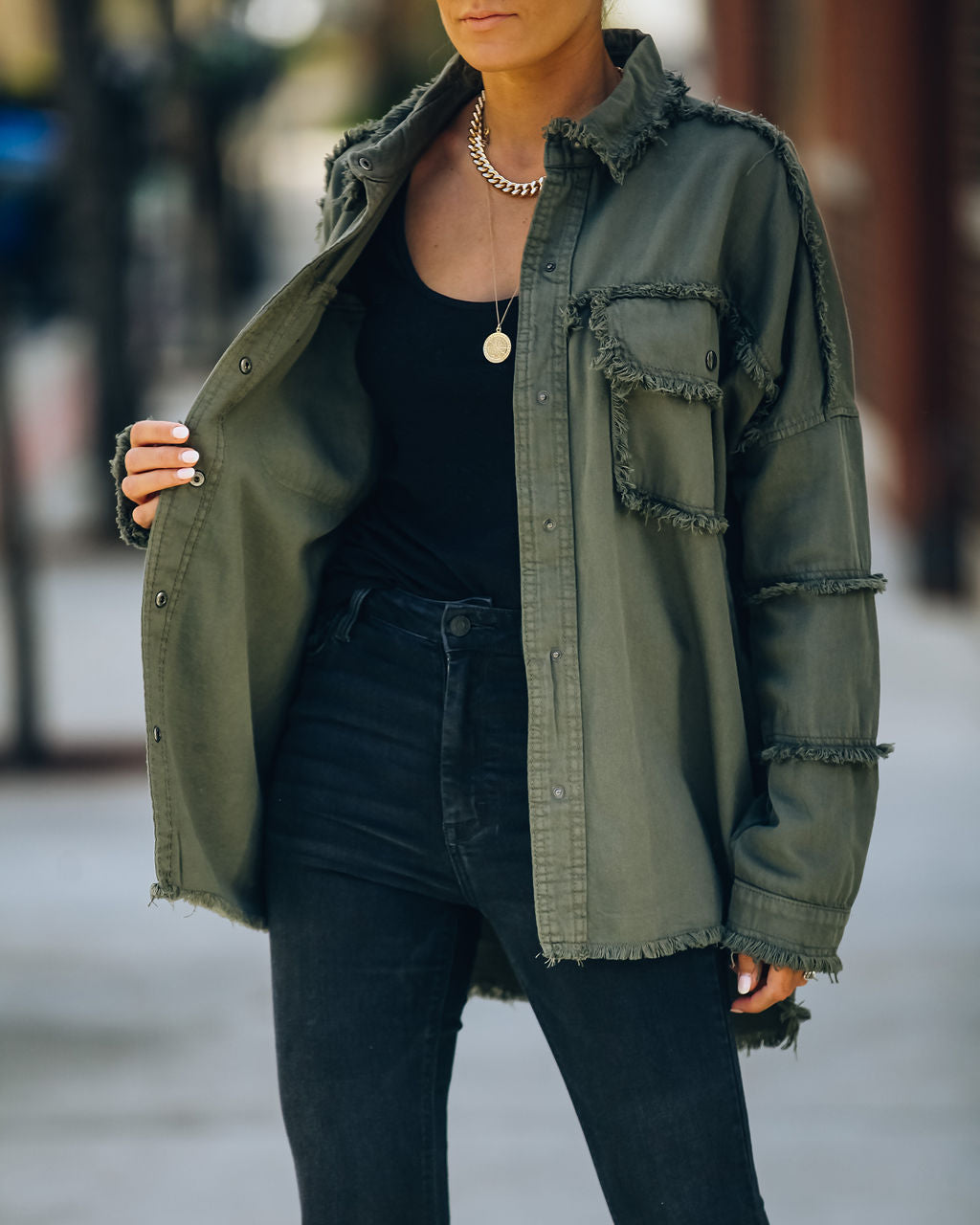 Cotton Rock & Roll Frayed Utility Jacket - Olive