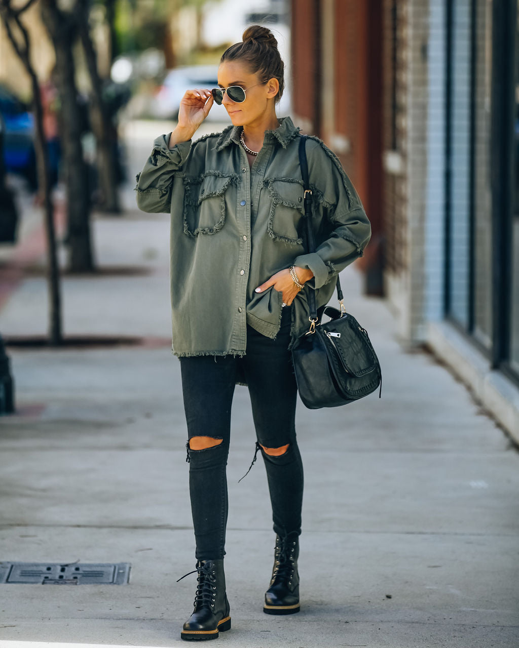 Cotton Rock & Roll Frayed Utility Jacket - Olive