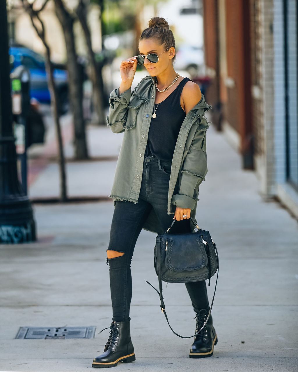 Cotton Rock & Roll Frayed Utility Jacket - Olive