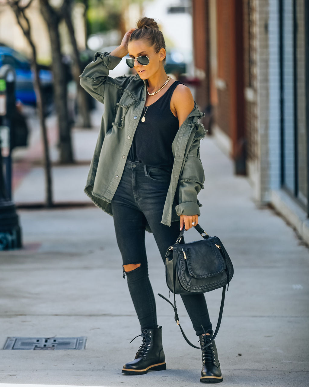 Cotton Rock & Roll Frayed Utility Jacket - Olive