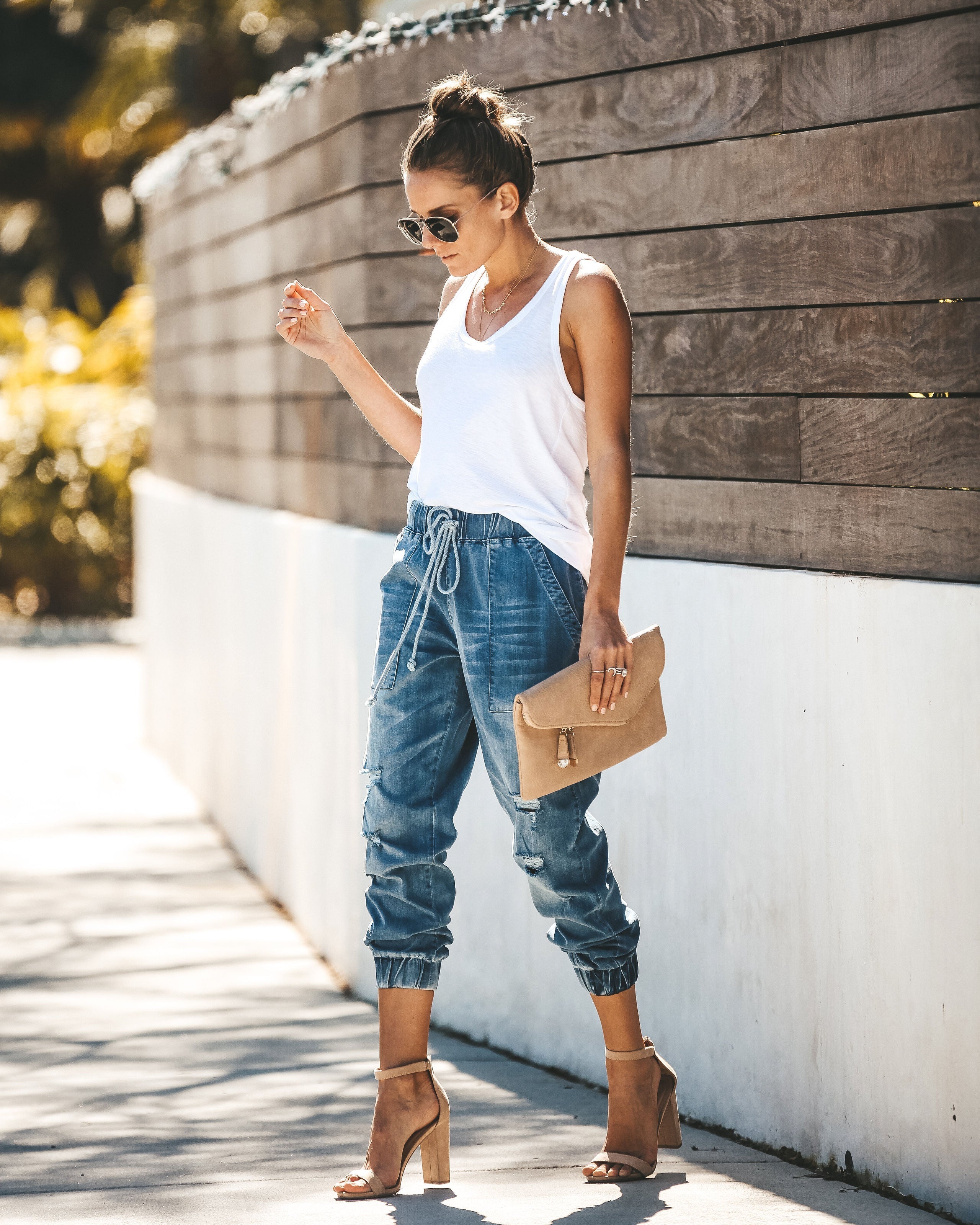 Say Yes To Distress Drawstring Pocketed Joggers
