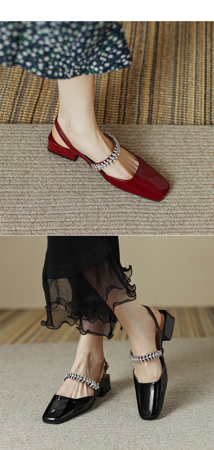 Dalila Square Toe Slingback Flats with Rhinestones NEW GEW