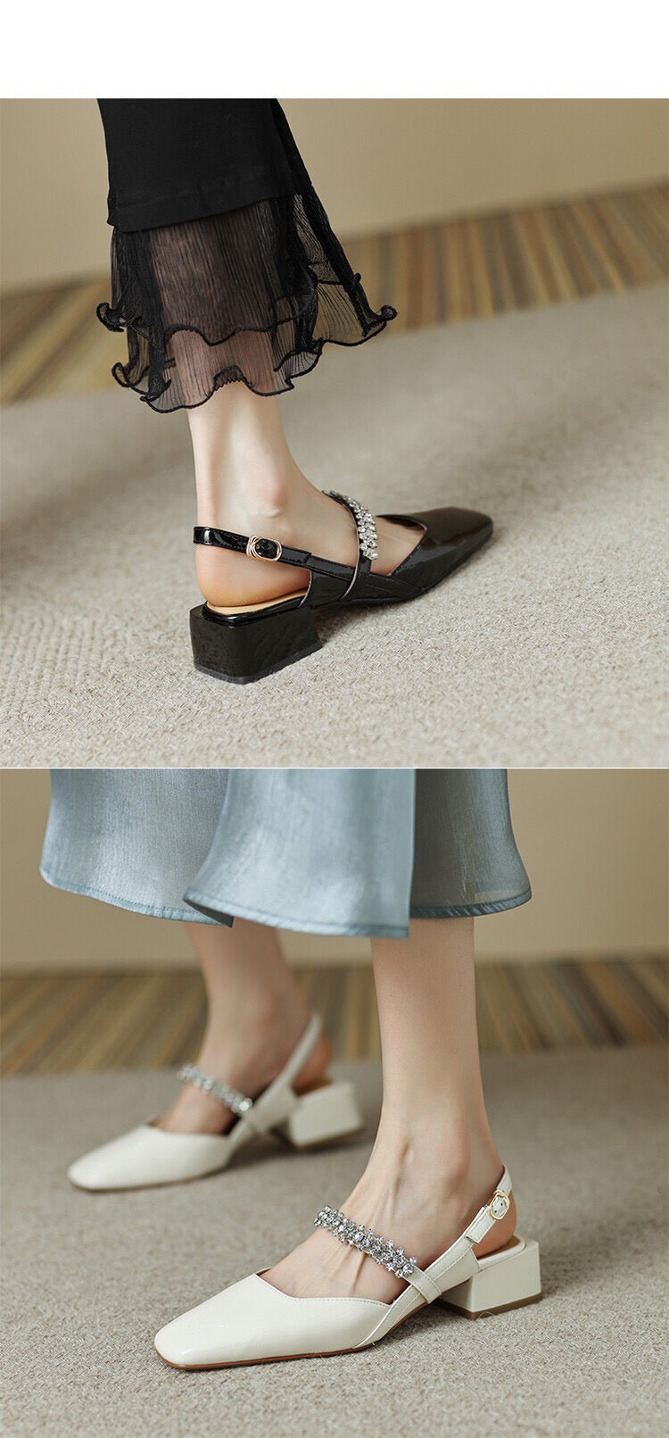 Dalila Square Toe Slingback Flats with Rhinestones NEW GEW