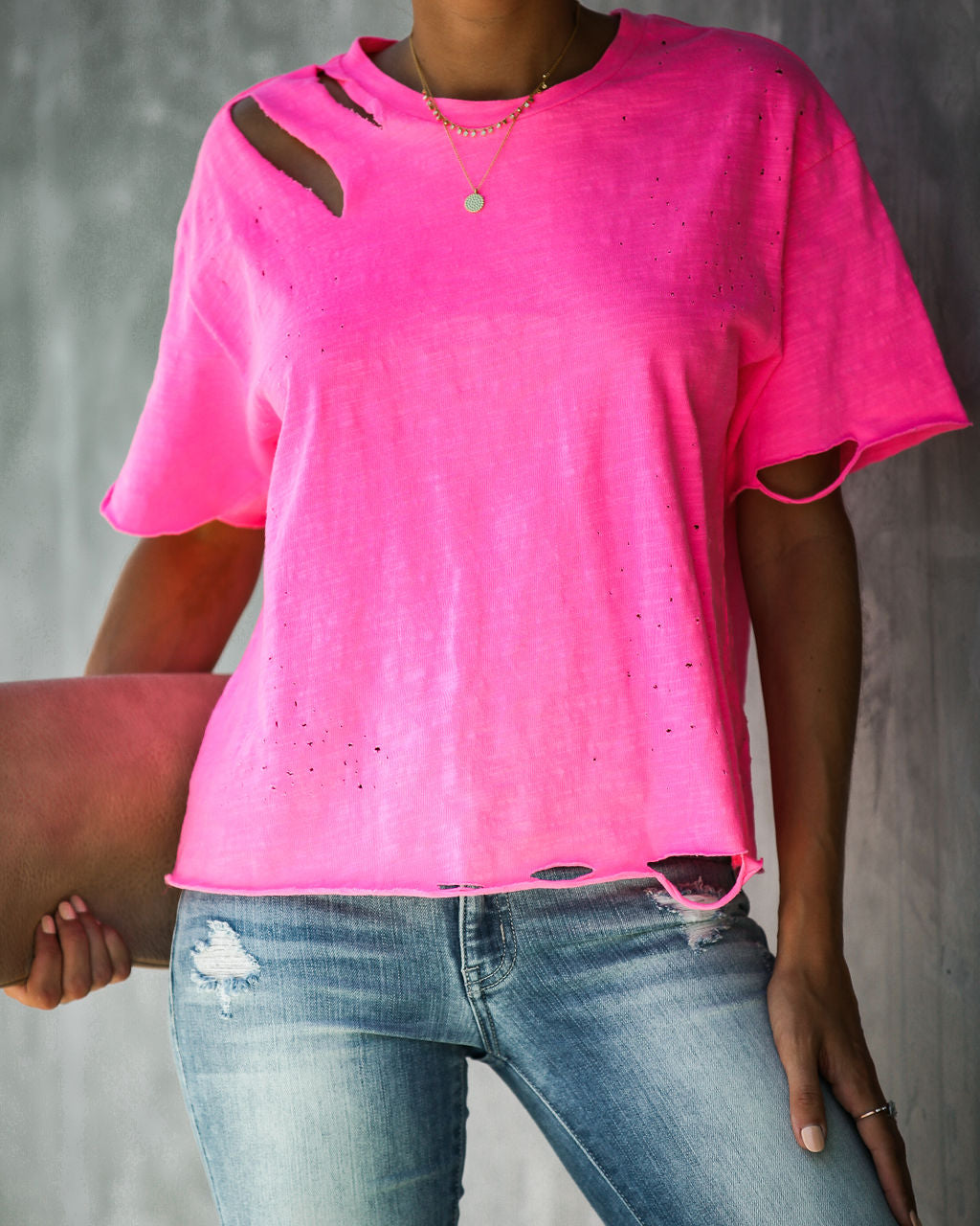 Game On Baumwoll-T-Shirt im Distressed-Look - Neonpink