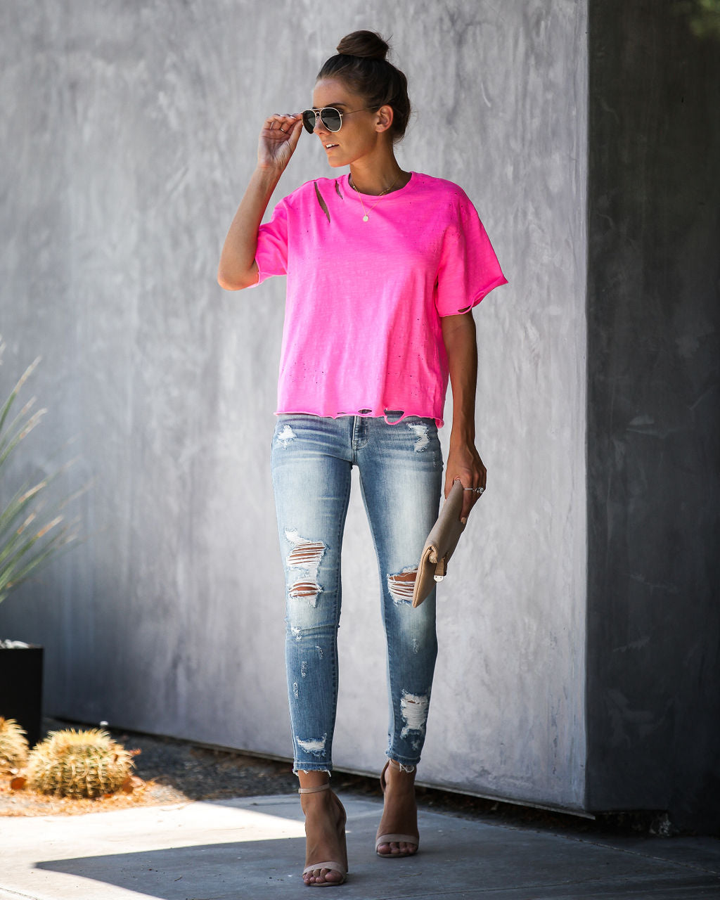 Game On Baumwoll-T-Shirt im Distressed-Look - Neonpink