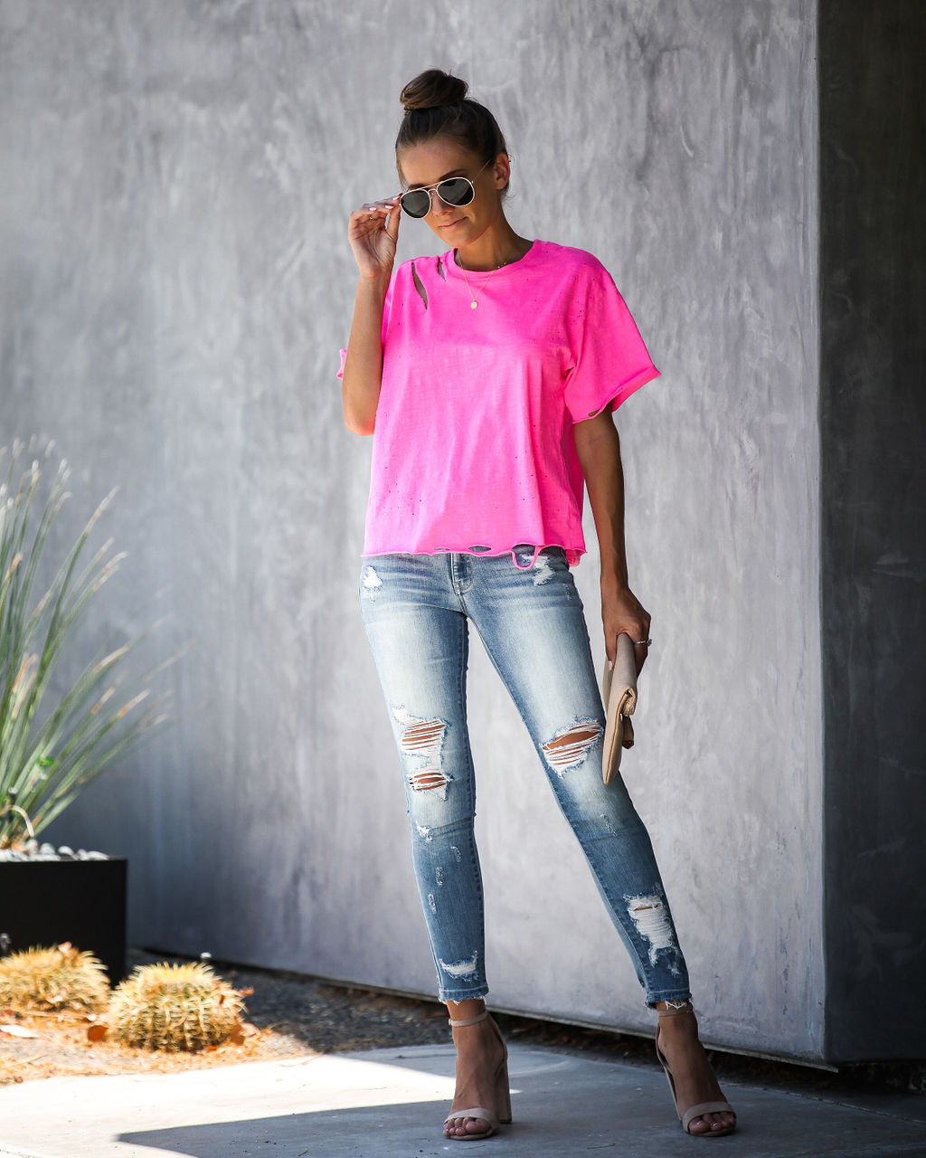Game On Baumwoll-T-Shirt im Distressed-Look - Neonpink