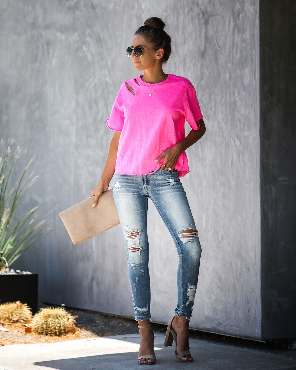 Game On Baumwoll-T-Shirt im Distressed-Look - Neonpink