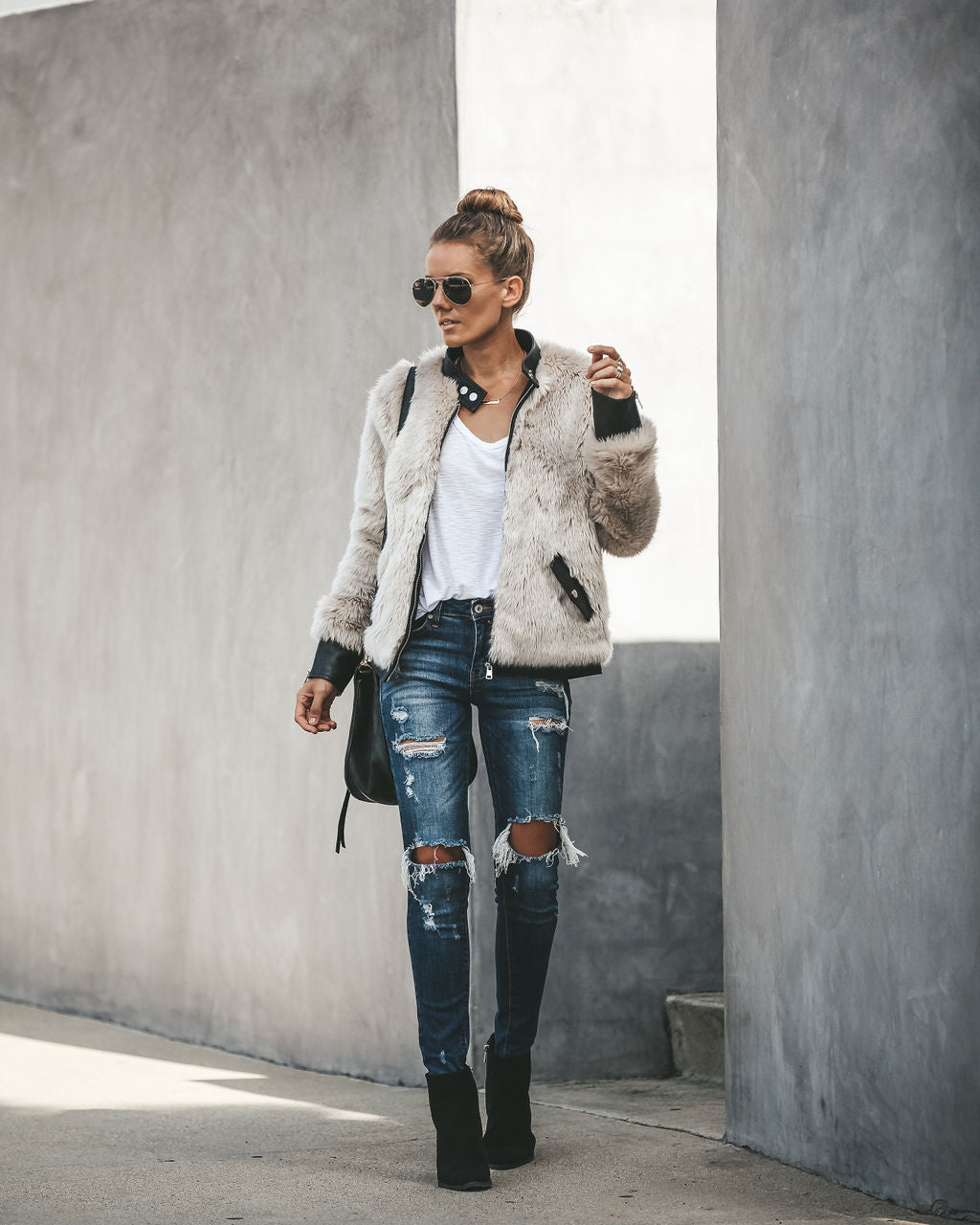 Vanity Faux Fur Leather Trim Pocketed Jacket