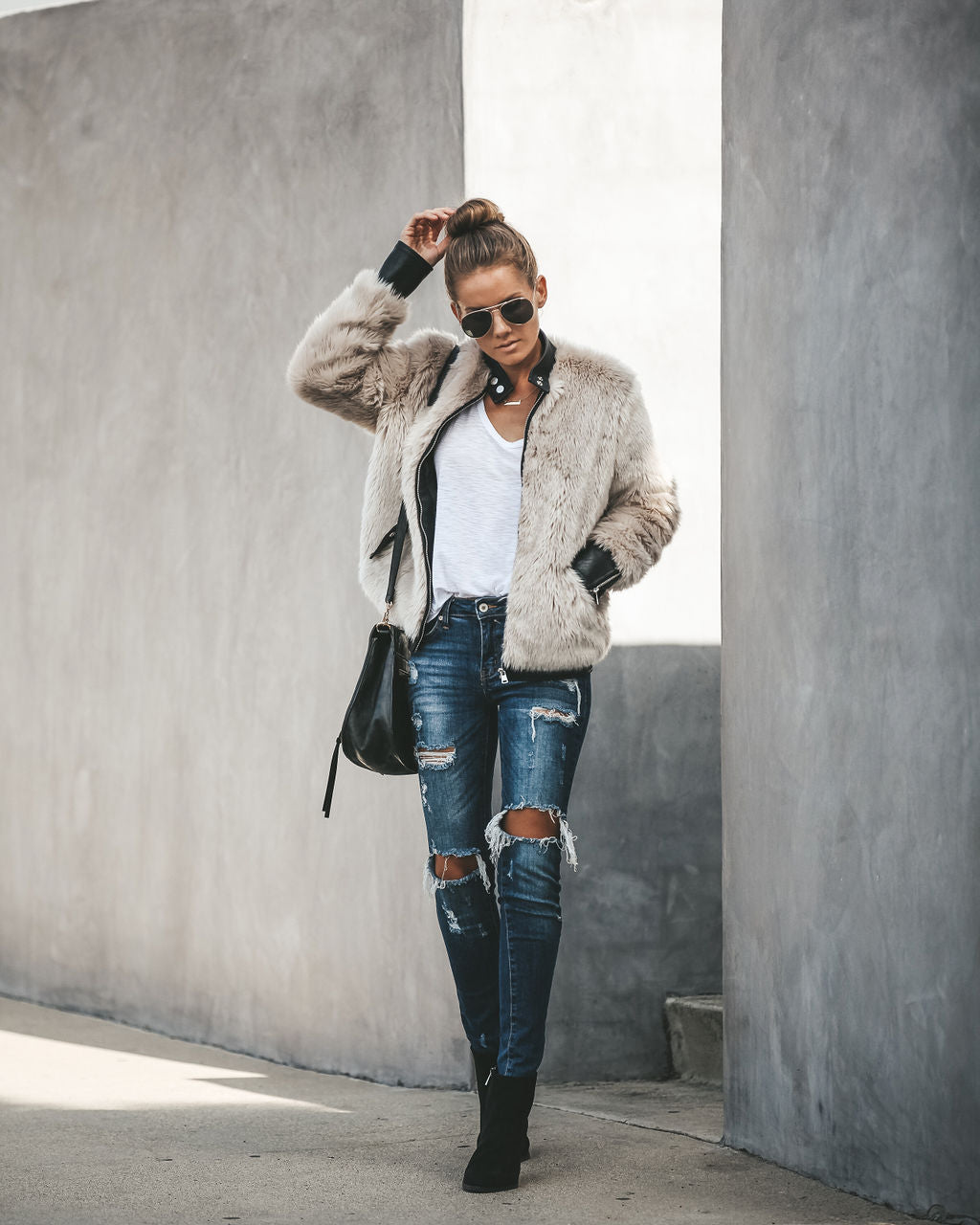 Vanity Faux Fur Leather Trim Pocketed Jacket