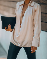 Problem Solved Satin Collared Drape Blouse - Nude