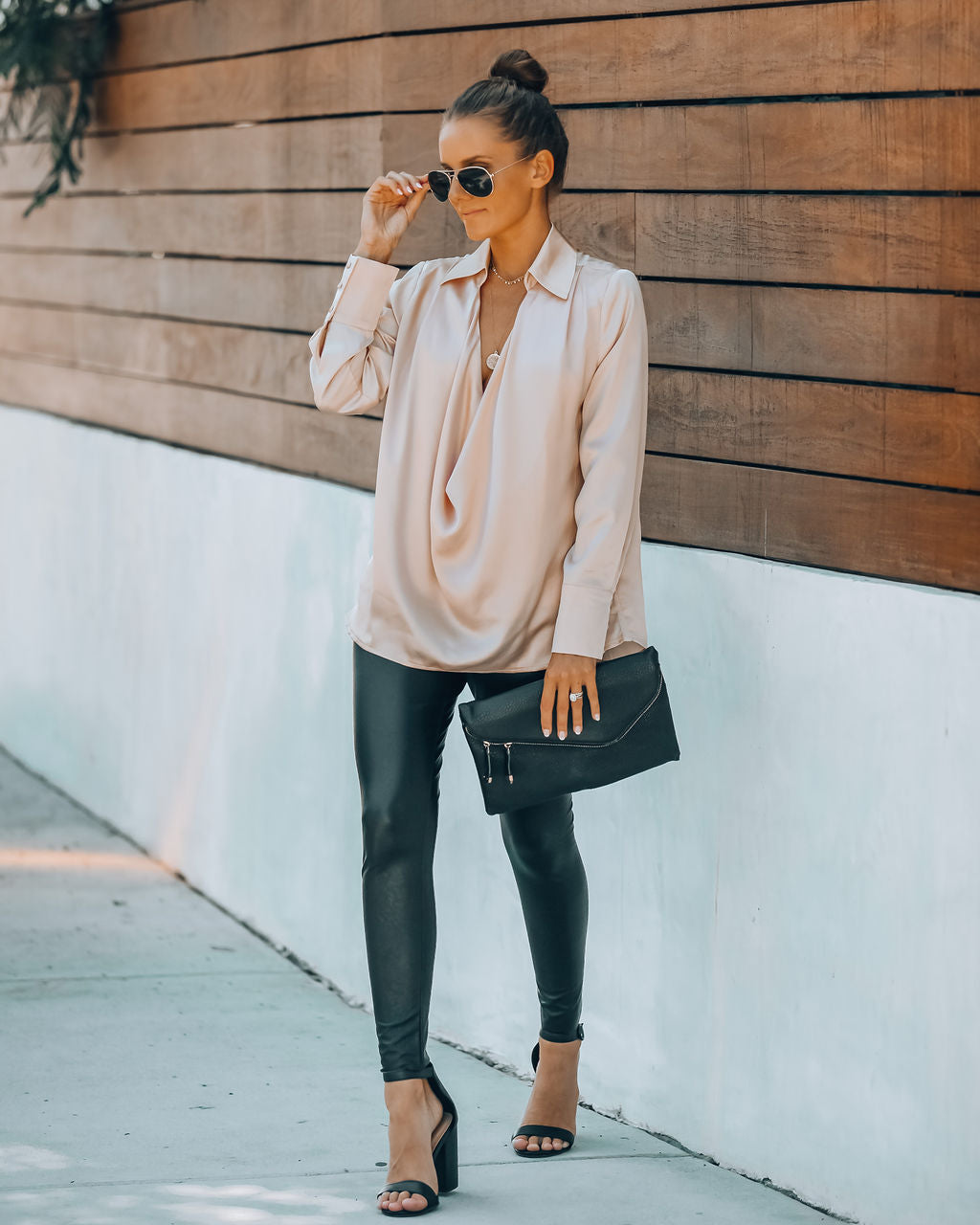 Problem Solved Satin Collared Drape Blouse - Nude
