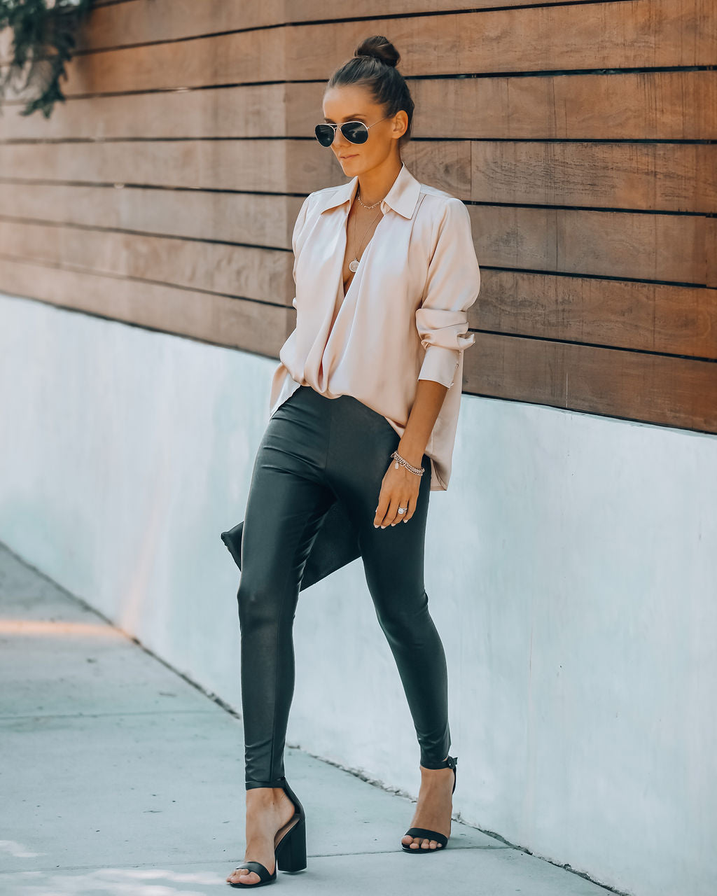Problem Solved Satin Collared Drape Blouse - Nude