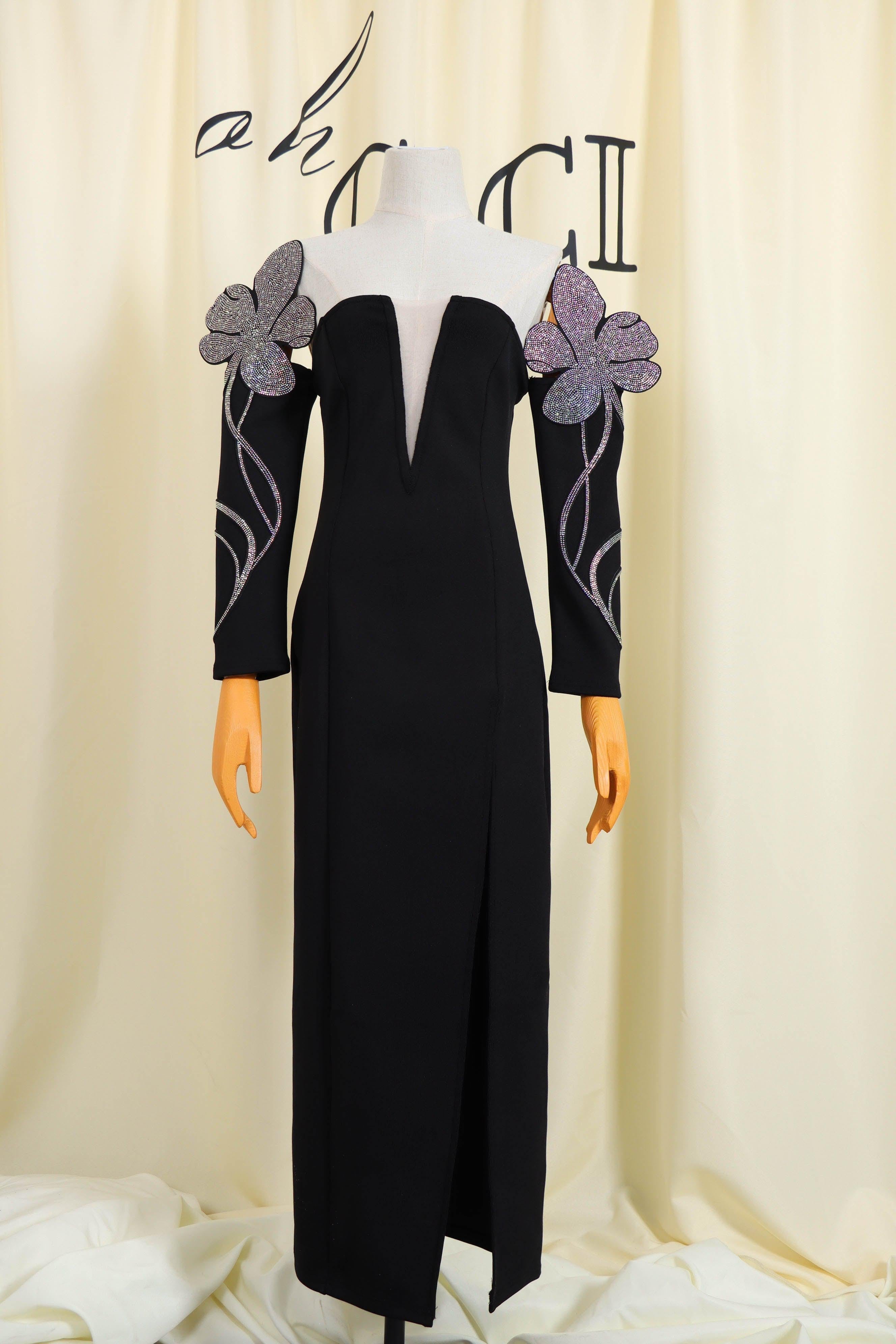 Schwarzes schulterfreies Maxi-Bandage-Kleid 