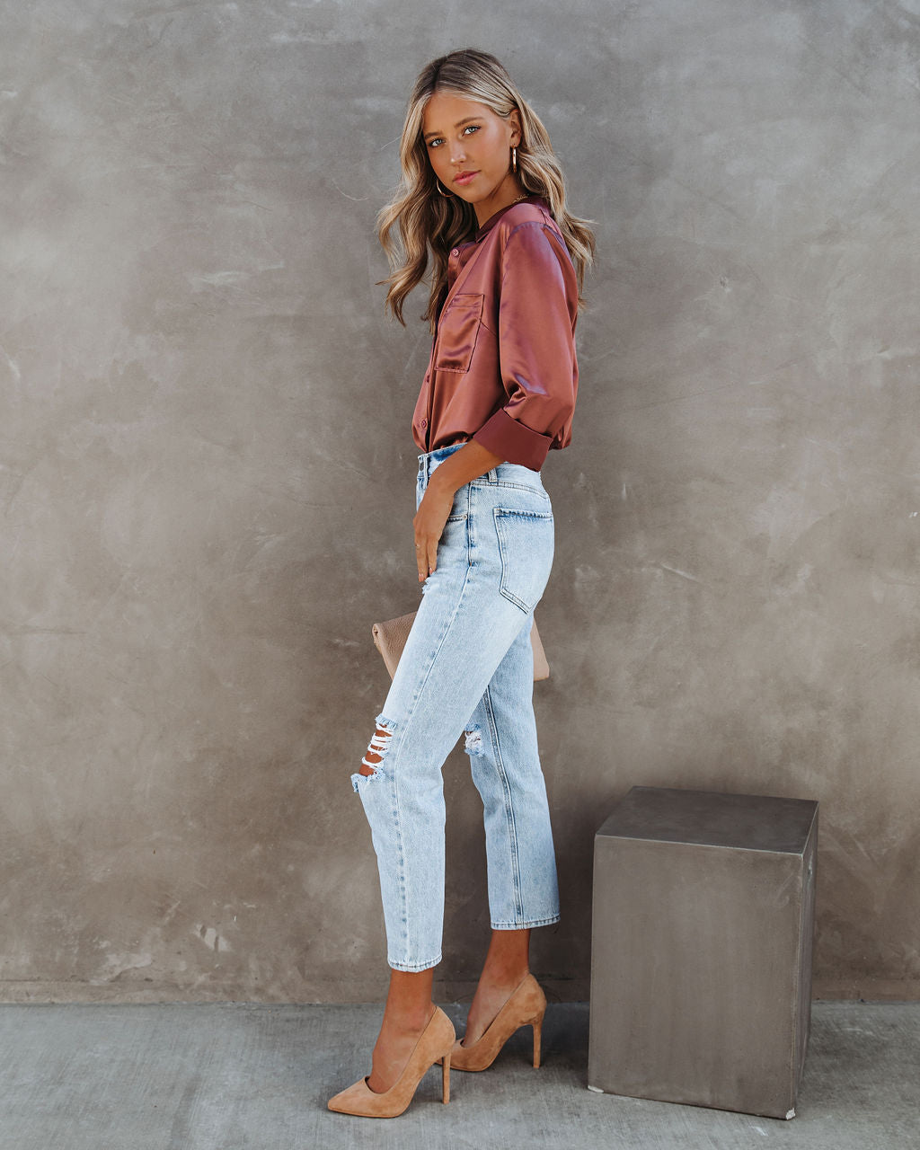 Impulse Satin Button Down Blouse - Rust
