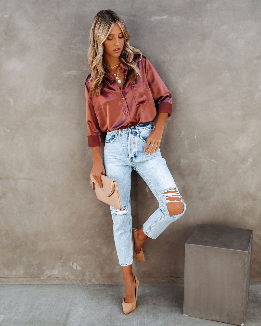 Impulse Satin Button Down Blouse - Rust