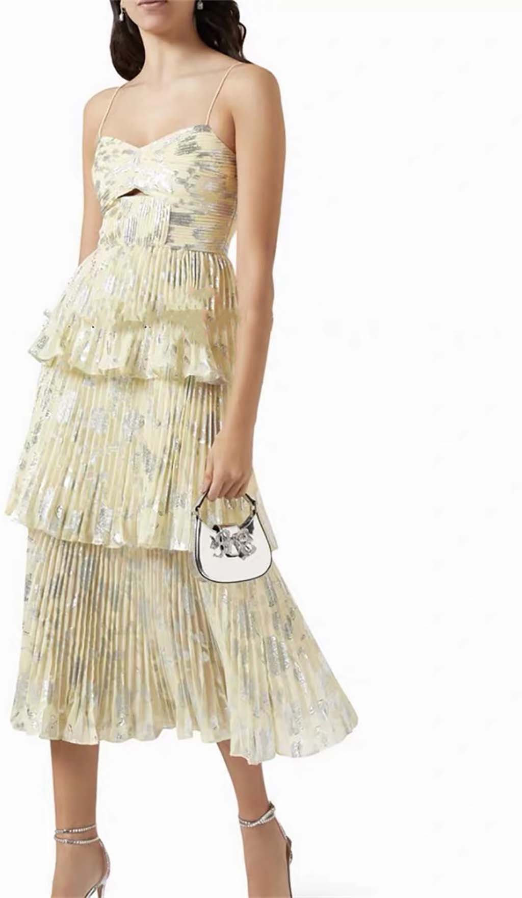 Jacquard Tiered Midi Dress In Gray